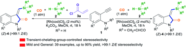 Graphical abstract: The transient-chelating-group-controlled stereoselective Rh(i)-catalyzed silylative aminocarbonylation of 2-alkynylanilines: access to (Z)-3-(silylmethylene)indolin-2-ones