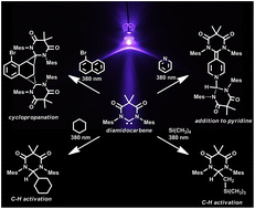 Graphical abstract: Photochemical reactions of a diamidocarbene: cyclopropanation of bromonaphthalene, addition to pyridine, and activation of sp3 C–H bonds
