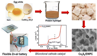 Graphical abstract: Co9S8 nanoparticles embedded in egg white-derived porous carbon as an efficient bifunctional cathode catalyst for Zn–air batteries
