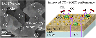 Graphical abstract: The facilitated cathodic elementary reactions of solid oxide electrolysis cells for CO2 conversion over a Ce decorated La0.43Ca0.37Ti0.94Ni0.06O3−δ electrocatalyst