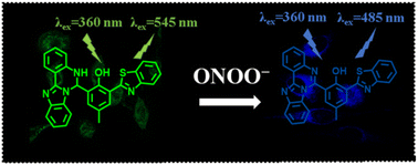 Graphical abstract: A dihydro-benzo[4,5]imidazo[1,2-c]quinazoline-based probe with aggregation-induced ratiometric emission for the ratiometric fluorescent detection of peroxynitrite in living cells and zebrafish