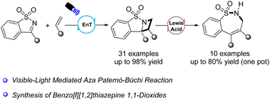 Graphical abstract: Synthesis of benzo[f][1,2]thiazepine 1,1-dioxides based on the visible-light-mediated aza Paternò–Büchi reaction of benzo[d]isothiazole 1,1-dioxides with alkenes