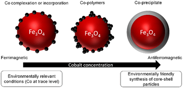 Graphical abstract: Investigation of magnetite–Co interactions: from environmentally relevant trace Co levels to core–shell Fe3O4@Co(OH)2 nanoparticles with magnetic applications