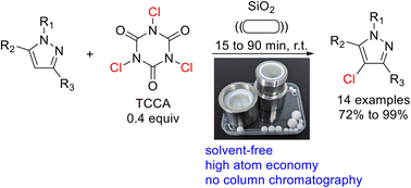 Graphical abstract: Solvent-free mechanochemical chlorination of pyrazoles with trichloroisocyanuric acid