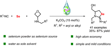 Graphical abstract: A multicomponent reaction of isocyanides, selenium powder and 3-aminooxetanes in pure water: green and efficient synthesis of 1,3-selenazolines
