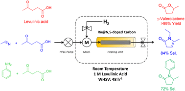 Graphical abstract: Room temperature continuous flow synthesis of γ-valerolactone and N-containing heterocycles over Ru supported bimodal N,S-doped cubic mesoporous carbon
