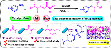 Graphical abstract: Metal-free, tert-butyl nitrite promoted C(sp2)–S coupling reaction: the synthesis of aryl dithiocarbamates and analysis of antimicrobial activity by ‘in silico’ and ‘in vitro’ methods for drug modification