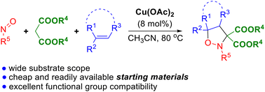 Graphical abstract: Cu(OAc)2-catalyzed three-component cycloaddition of malonates, nitrosoarenes and alkenes: access to isoxazolidines
