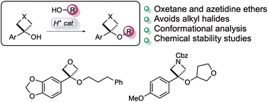 Graphical abstract: Synthesis of oxetane and azetidine ethers as ester isosteres by Brønsted acid catalysed alkylation of alcohols with 3-aryl-oxetanols and 3-aryl-azetidinols