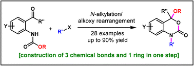 Graphical abstract: Convenient synthesis of N-alkyl-3,1-benzoxazin-2-ones from carbamate protected anthranil aldehydes and ketones via one-step alkylation/alkoxy rearrangement
