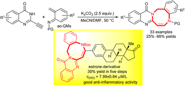 Graphical abstract: Synthesis of biologically active [1,5]diazocino[2,1-b]quinazolinones through [4 + 4] cycloaddition of 2-alkynyl quinazolinones with aza-ortho-quinone methides