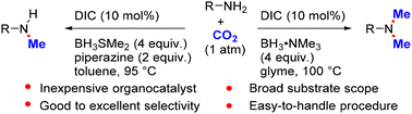 Graphical abstract: DIC–borane-catalyzed selective methylation of primary amines with CO2 using boranes as reducing agents