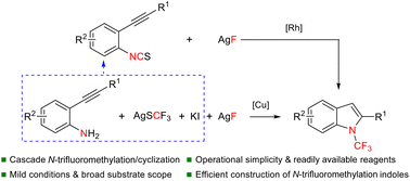 Graphical abstract: Transition-metal-catalyzed straightforward synthesis of N-trifluoromethyl indoles from 2-alkynylaryl isothiocyanates or 2-alkynylanilines