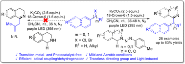 Graphical abstract: A photo-driven traceless group directed electron–donor–acceptor (EDA) complex initiated radical coupling/dehydrogenation tandem reaction: access to 1-allyl/benzyl-3,4-dihydroisoquinoline