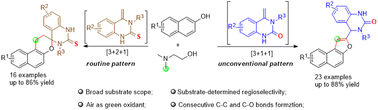 Graphical abstract: Copper-catalyzed divergent construction of naphthofurans and benzochromanes from 2-naphthols, 4-methylene-quinazolin(thi)ones, and N,N-dimethylethanolamine