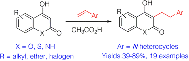Graphical abstract: Synthesis of warfarin analogs: conjugate addition reactions of alkenyl-substituted N-heterocycles with 4-hydroxycoumarin and related substrates