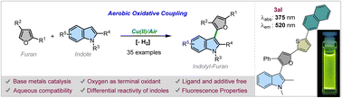 Graphical abstract: Cu(ii)-catalyzed aerobic oxidative coupling of furans with indoles enables expeditious synthesis of indolyl–furans with blue fluorescence
