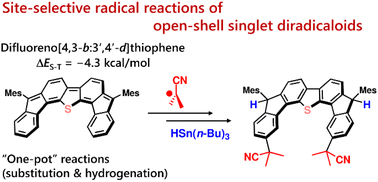Graphical abstract: Site-selective radical reactions of kinetically stable open-shell singlet diradicaloid difluorenoheteroles with tributyltin hydride and azo-based radical initiators