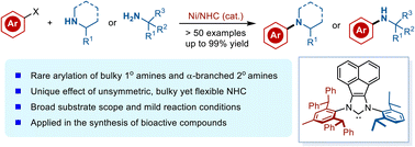 Graphical abstract: Unsymmetric N-heterocyclic carbene ligand enabled nickel-catalysed arylation of bulky primary and secondary amines