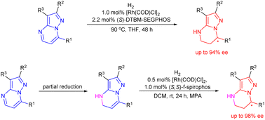 Graphical abstract: Highly enantioselective Rh-catalyzed asymmetric reductive dearomatization of multi-nitrogen polycyclic pyrazolo[1,5-a]pyrimidines