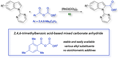 Graphical abstract: Rhodium-catalysed additive-free alkoxycarbonylation of indoles: 2,4,6-trimethylbenzoic acid-based carbonate anhydrides as a versatile alkoxycarboxyl source