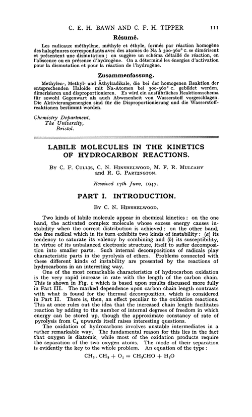Labile molecules in the kinetics of hydrocarbon reactions