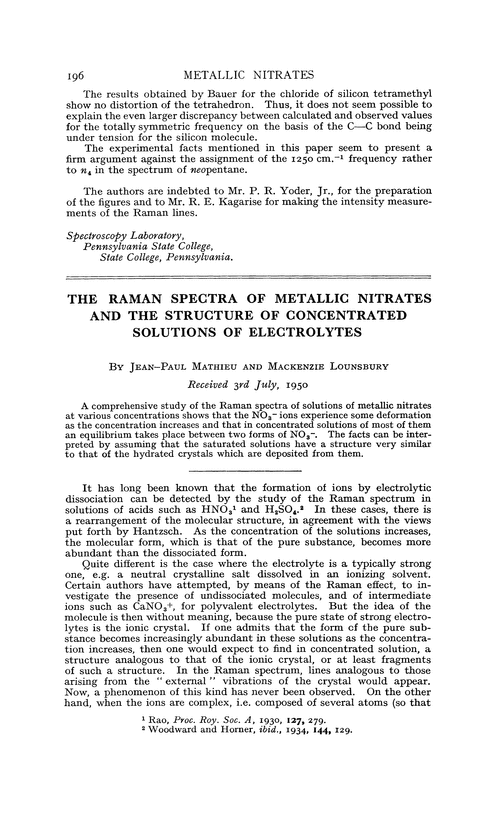 The Raman spectra of metallic nitrates and the structure of concentrated solutions of electrolytes