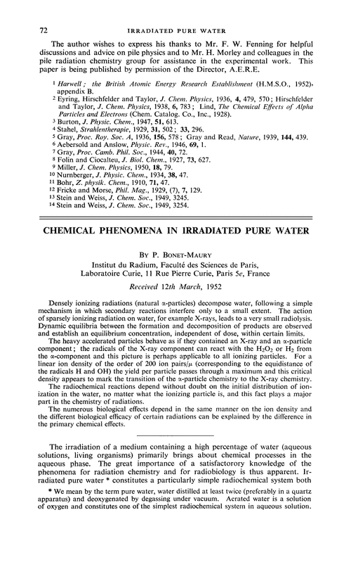 Chemical phenomena in irradiated pure water