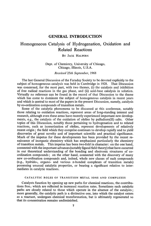 General introduction—homogeneous catalysis of hydrogenation, oxidation and related reactions