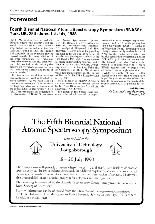 Foreword. Fourth Biennial National Atomic Spectroscopy Symposium (BNASS): York, UK, 29th June–1st July, 1988