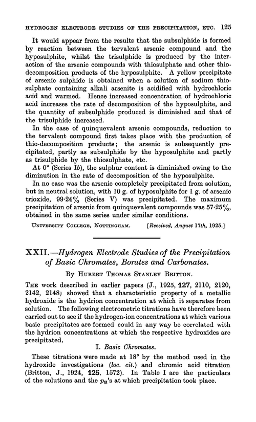 XXII.—Hydrogen electrode studies of the precipitation of basic chromates, borates and carbonates