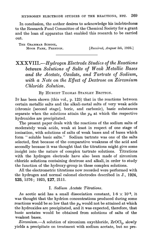 XXXVIII.—Hydrogen electrode studies of the reactions between solutions of salts of weak metallic bases and the acetate, oxalate, and tartrate of sodium, with a note on the effect of dextrose on zirconium chloride solution
