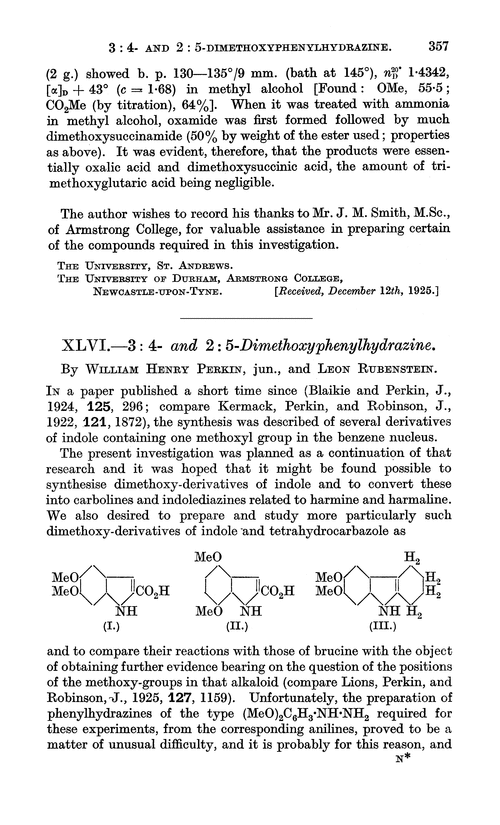 XLVI.—3 : 4- and 2 : 5-Dimethoxyphenylhydrazine