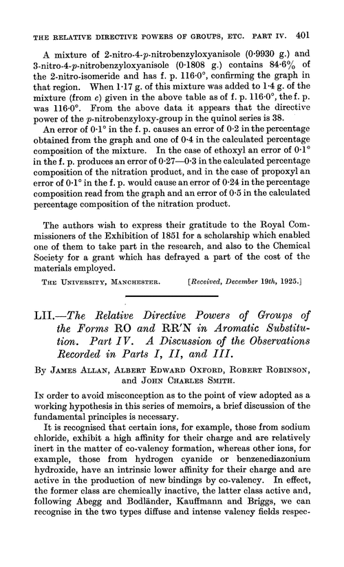LII.—The relative directive powers of groups of the forms RO and RR′N in aromatic substitution. Part IV. A discussion of the observations recorded in parts I, II, and III