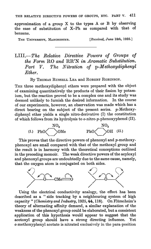 LIII.—The relative directive powers of groups of the form RO and RR′N in aromatic substitution. Part V. The nitration of p-methoxydiphenyl ether