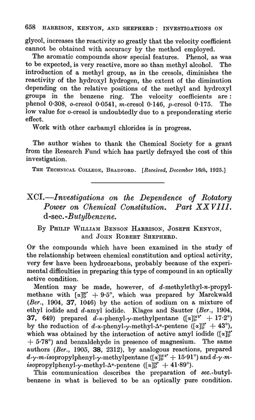 XCI.—Investigations on the dependence of rotatory power on chemical constitution. Part XXVIII. d-sec.-Butylbenzene