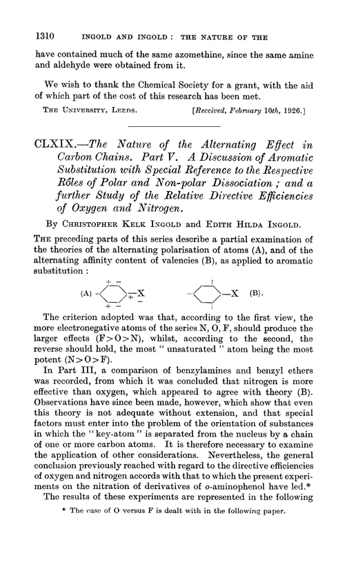 CLXIX.—The nature of the alternating effect in carbon chains. Part V. A discussion of aromatic substitution with special reference to the respective roles of polar and non-polar dissociation; and a further study of the relative directive efficiencies of oxygen and nitrogen