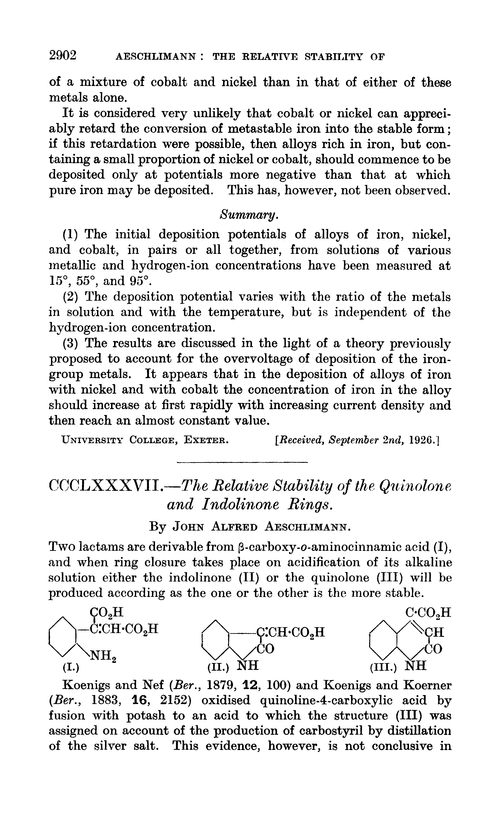 CCCLXXXVII.—The relative stability of the quinolone and indolinone rings