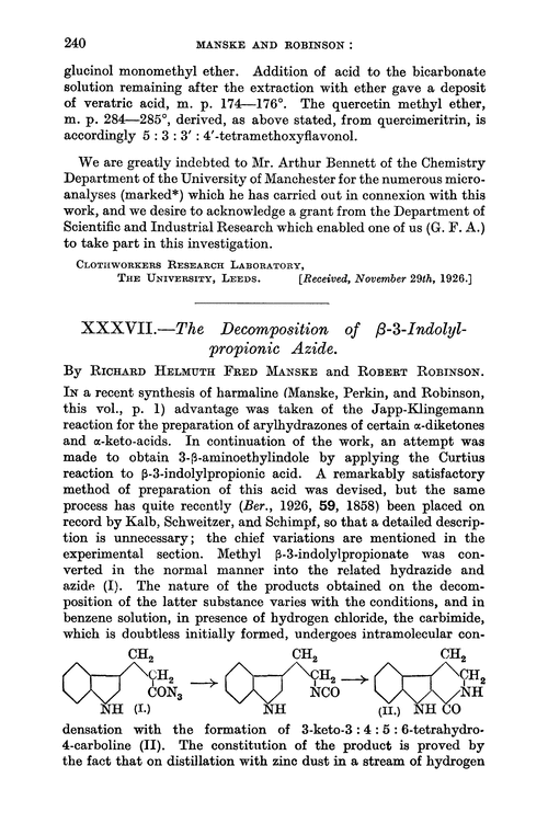 XXXVII.—The decomposition of β-3-indolylpropionic azide