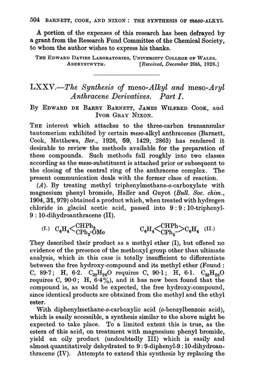 LXXV.—The synthesis of meso-alkyl and meso-aryl anthracene derivatives. Part I