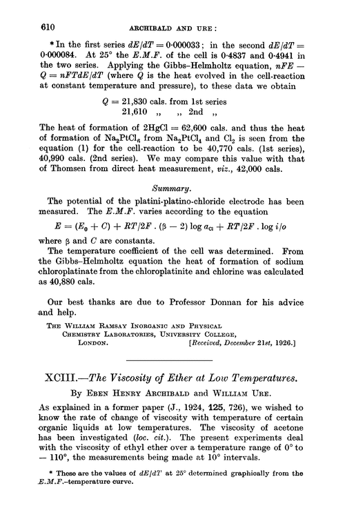 XCIII.—The viscosity of ether at low temperatures