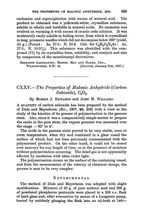 CXXV.—The properties of malonic anhydride (carbon suboxide), C3O2