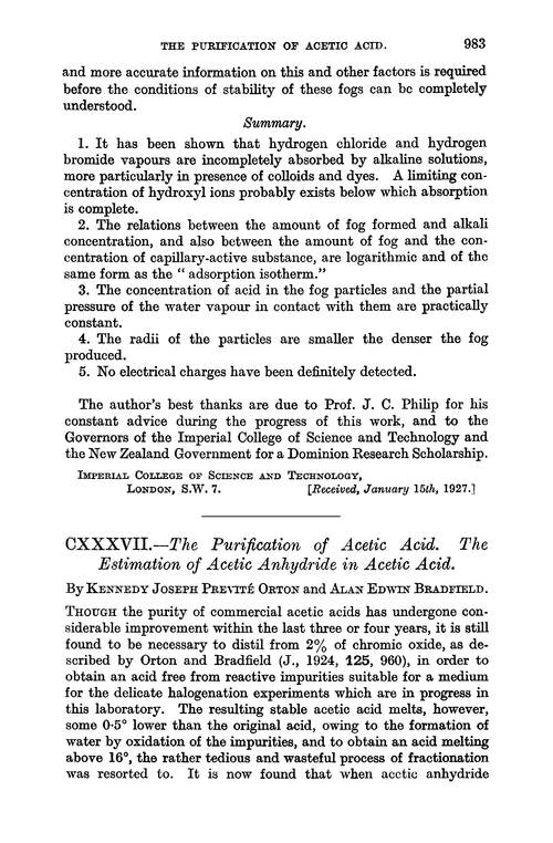 CXXXVII.—The purification of acetic acid. The estimation of acetic anhydride in acetic acid