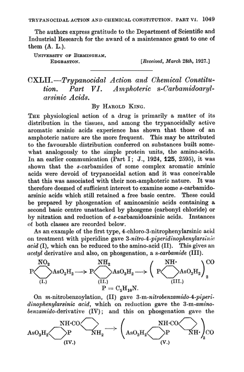 CXLII.—Trypanocidal action and chemical constitution. Part VI. Amphoteric s-carbamidoarylarsinic acids