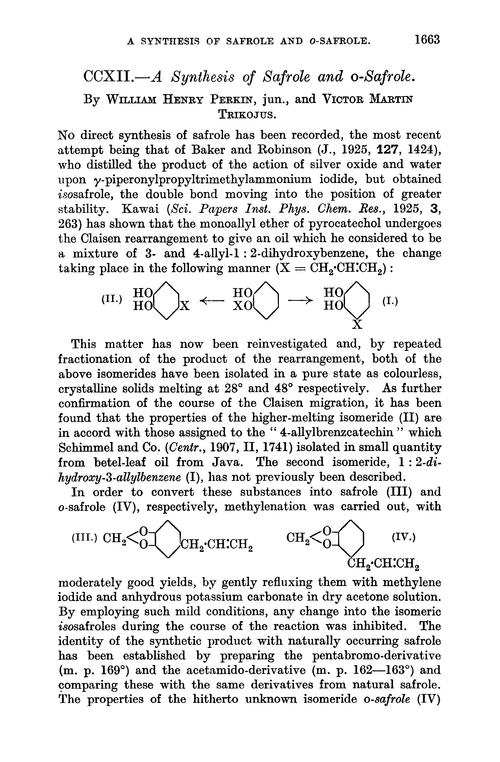 CCXII.—A synthesis of safrole and o-safrole
