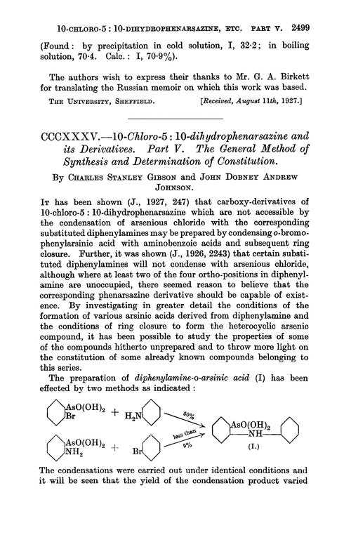 CCCXXXV.—10-Chloro-5 : 10-dihydrophenarsazine and its derivatives. Part V. The general method of synthesis and determination of constitution