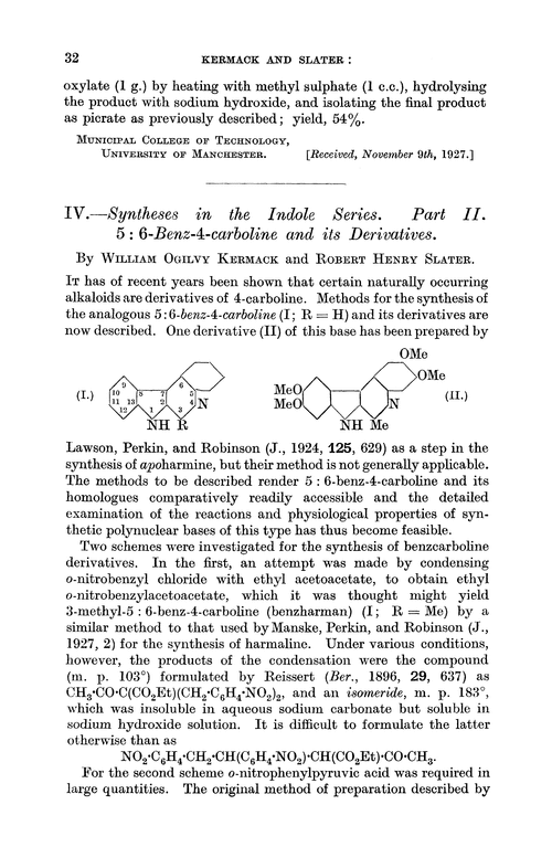 IV.—Syntheses in the indole series. Part II. 5 : 6-Benz-4-carboline and its derivatives