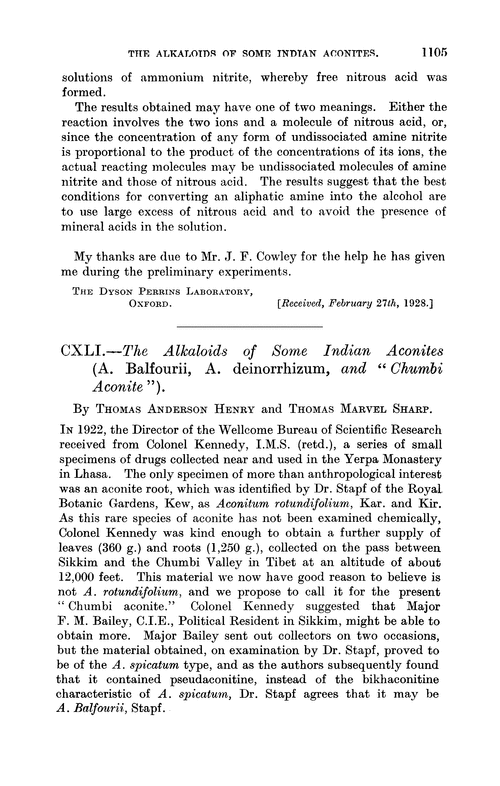 CXLI.—The alkaloids of some Indian aconites (A. balfourii, A. deinorrhizum, and “Chumbi aconite”)