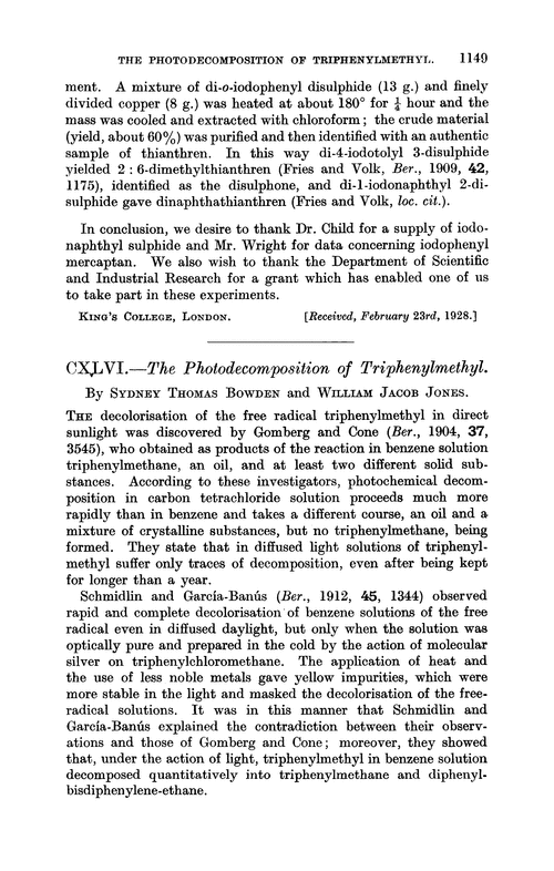 CXLVI.—The photodecomposition of triphenylmethyl