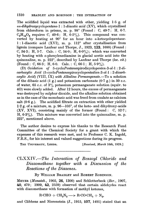 CLXXIV.—The interaction of benzoyl chloride and diazomethane together with a discussion of the reactions of the diazenes